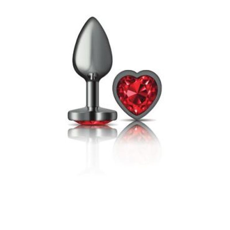 Cheeky Charms Gunmetal  Butt Plug w Heart Red Jewel Small