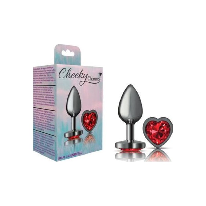 Cheeky Charms Gunmetal Butt Plug w Heart Red Jewel Small