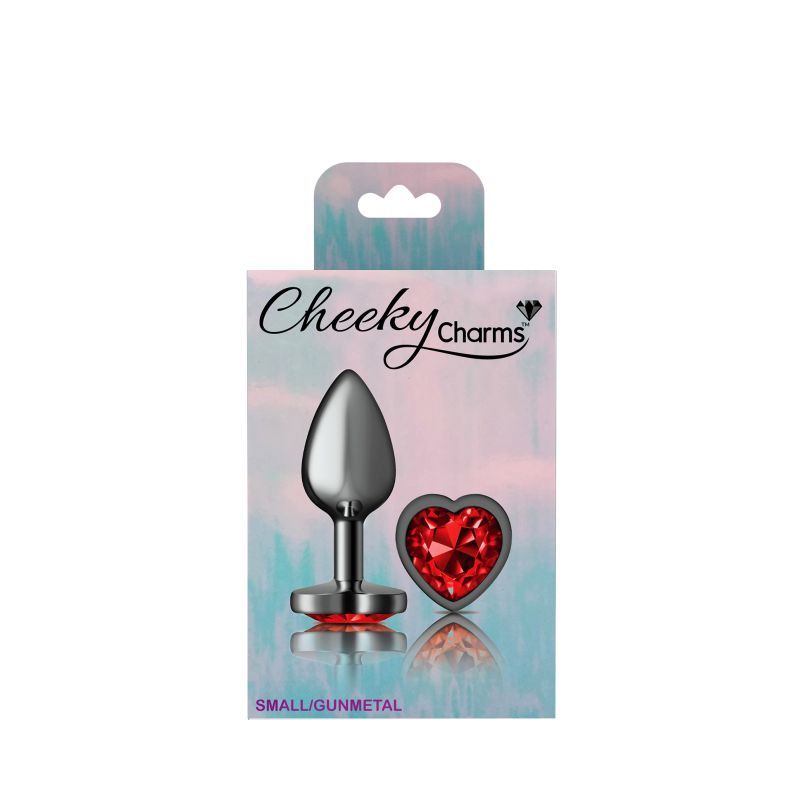 Cheeky Charms Gunmetal  Butt Plug w Heart Red Jewel Small