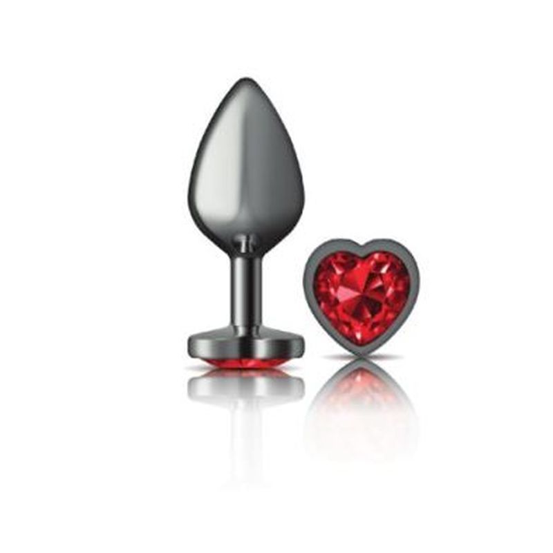 Cheeky Charms Gunmetal  Butt Plug w Heart Red Jewel Medium