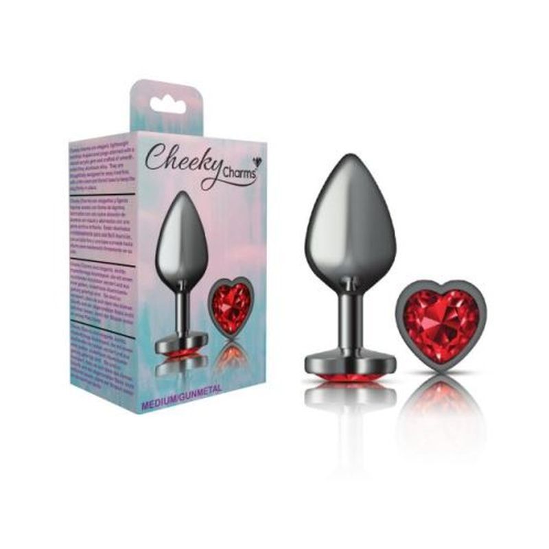 Cheeky Charms Gunmetal  Butt Plug w Heart Red Jewel Medium