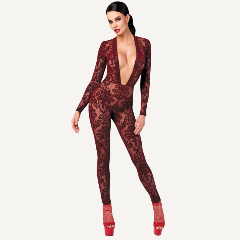 Kink Royal V Neck Catsuit Red-F382-RED-XS