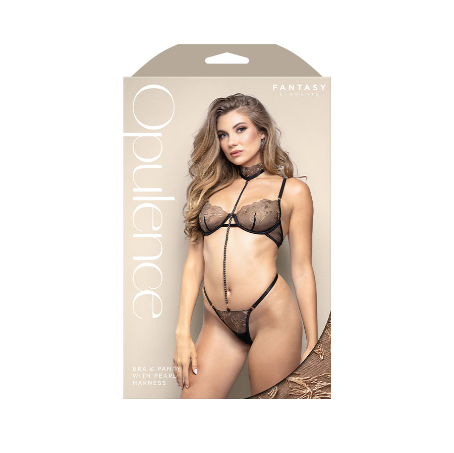 OPULENCE Bra & Panty with Pearl Harness SM - Black - S/M Size - 2645BLK-SM-B