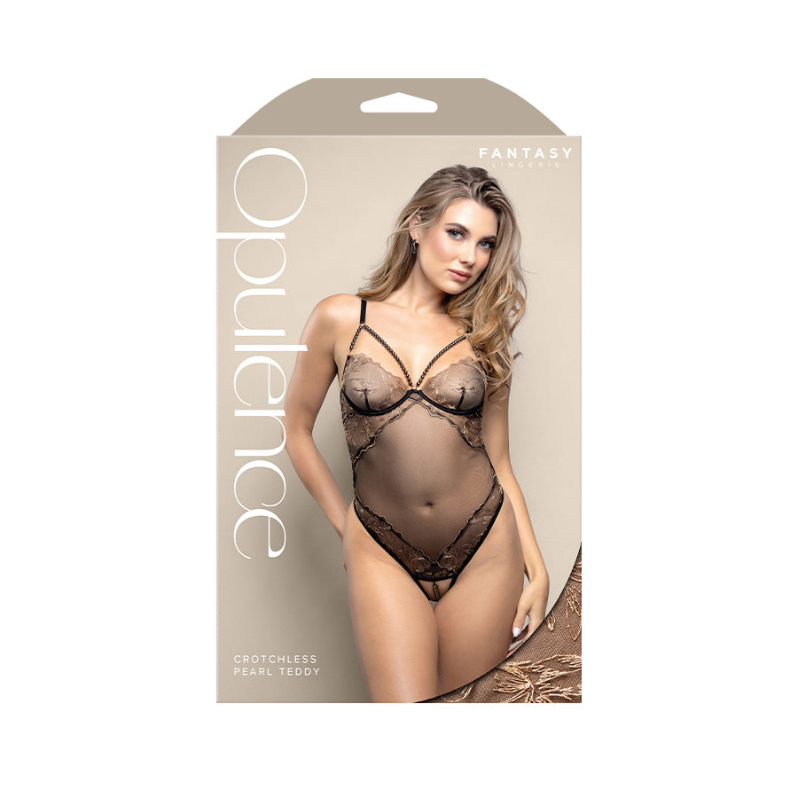 OPULENCE Crotchless Pearl Teddy SM - Black - S/M Size - 2646BLK-SM-B
