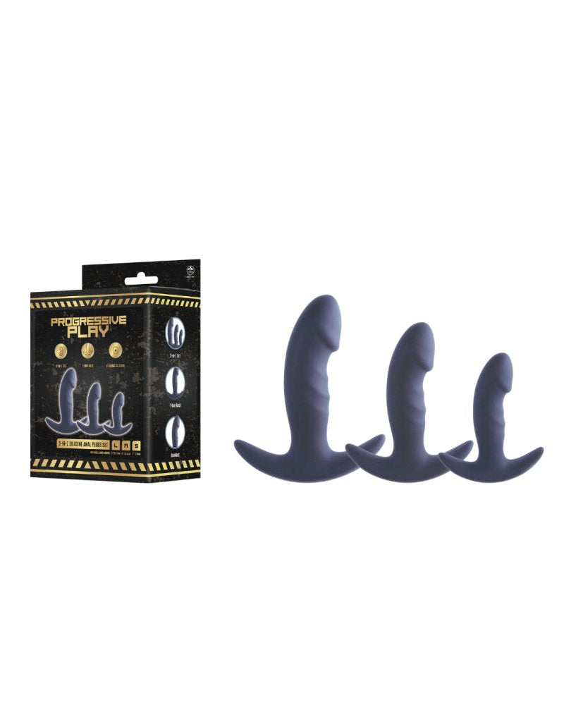 Progressive Play 3 IN 1 SILICONE BUTT PLUG KIT SET WITH T-BAR BASE IN ...-648953