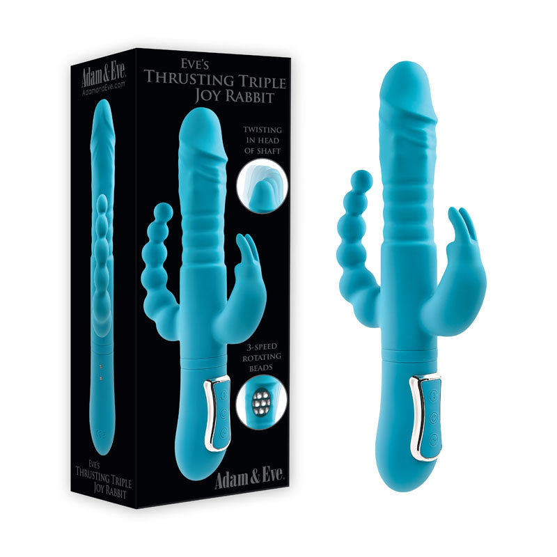 Adam & Eve EVES THRUSTING TRIPLE JOY RABBIT - Teal 25 cm USB Rechargeable Thrusting Rabbit Vibe with Anal Tickler-AE-BL-0068-2