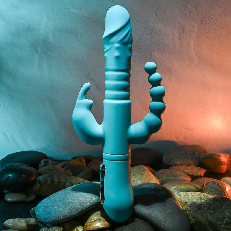 Adam & Eve EVES THRUSTING TRIPLE JOY RABBIT - Teal 25 cm USB Rechargeable Thrusting Rabbit Vibe with Anal Tickler-AE-BL-0068-2