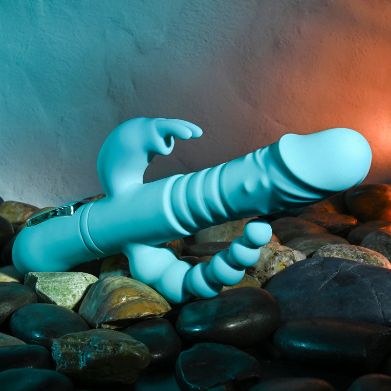 Adam & Eve EVES THRUSTING TRIPLE JOY RABBIT - Teal 25 cm USB Rechargeable Thrusting Rabbit Vibe with Anal Tickler-AE-BL-0068-2