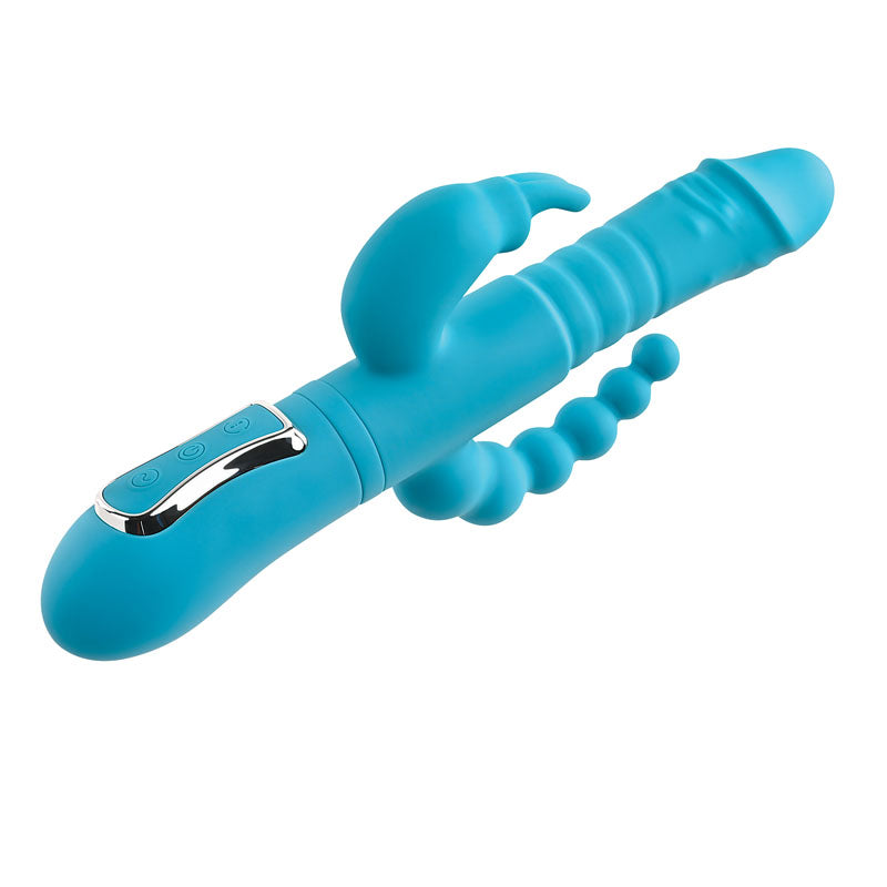 Adam & Eve EVES THRUSTING TRIPLE JOY RABBIT - Teal 25 cm USB Rechargeable Thrusting Rabbit Vibe with Anal Tickler-AE-BL-0068-2