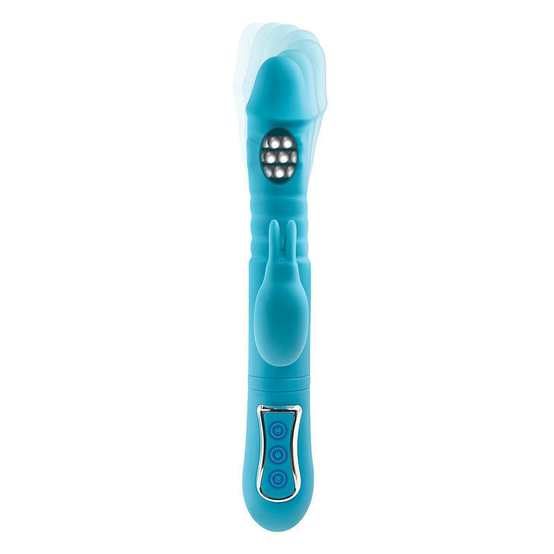 Adam & Eve EVES THRUSTING TRIPLE JOY RABBIT - Teal 25 cm USB Rechargeable Thrusting Rabbit Vibe with Anal Tickler-AE-BL-0068-2