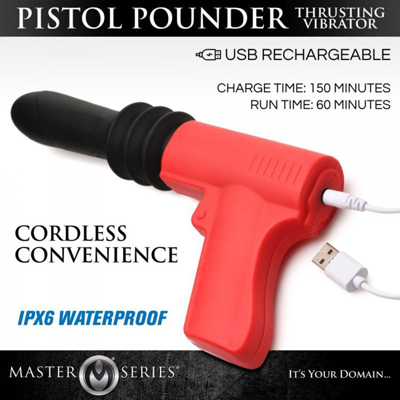 Master Series Pistol Pounder Thrusting Vibrator - Black/Red Thrusting Vibrator with Gun Handle-AH093