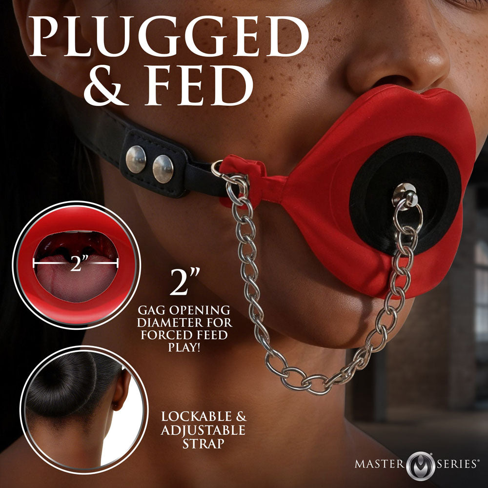 Master Series Plugged - Red Lips Silicone Feeding Mouth Gag - AH980-RED
