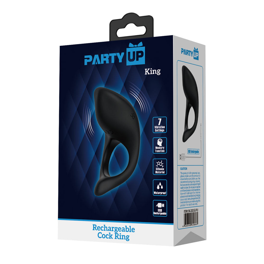 Party Up KING Rechargeable Cock Ring - Black USB Rechargeable Cock Ring-BI-210162-PU