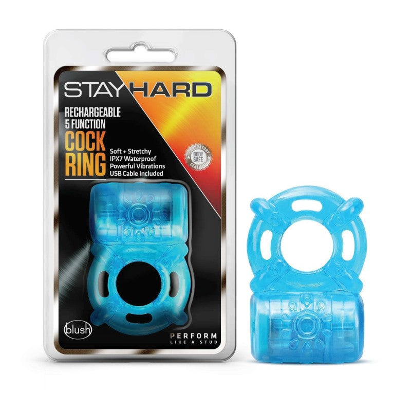 Stay Hard Rechargeable 5 Function Cock Ring - Blue USB Rechargeable Vibrating Cock Ring-BL-31902