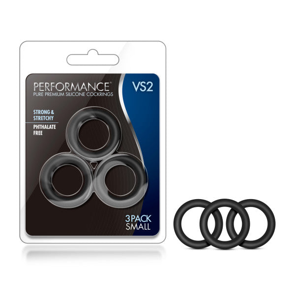 Performance VS2 Pure Premium Silicone Cockrings - Black Small Cock Rings - Set of 3-BL-70815