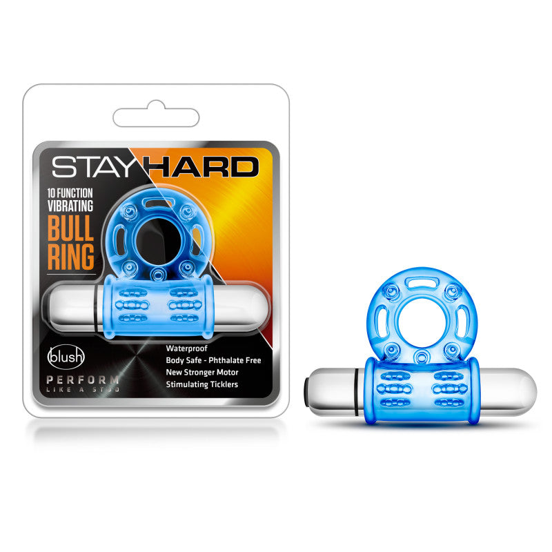 Stay Hard 10-Function Vibrating Bull Ring - Blue Vibrating Cock Ring-BL-77902