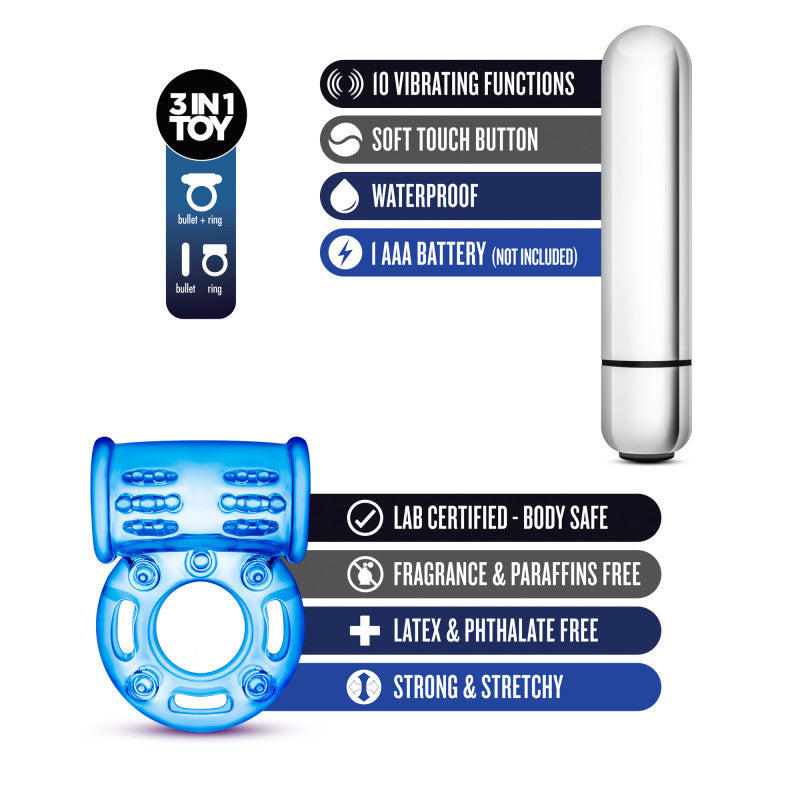 Stay Hard 10-Function Vibrating Bull Ring - Blue Vibrating Cock Ring-BL-77902