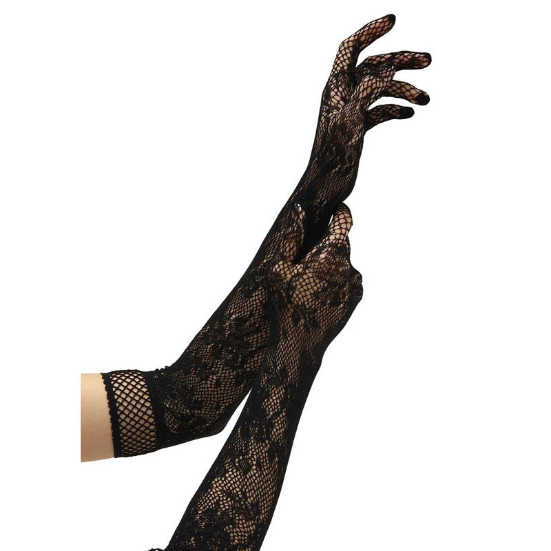 BACI White Label Flower Lace Opera Gloves - Black - Black Gloves-BLW6500