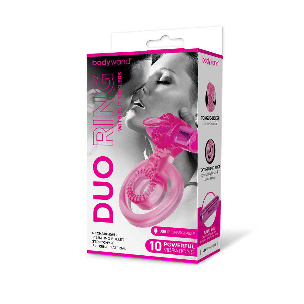 Bodywand Rechargeable Duo Ring with Clit Tickler - Pink USB Rechargeable Vibrating Cock Ring-BW1508