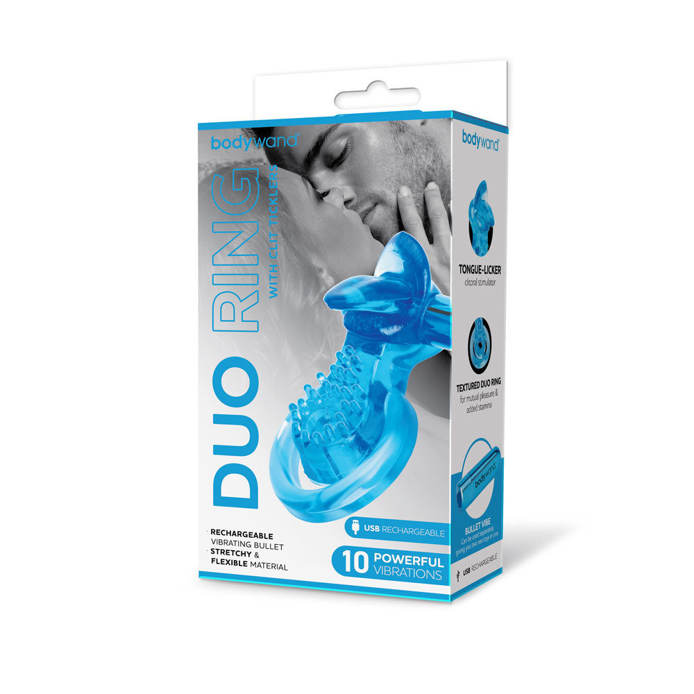 Bodywand Rechargeable Duo Ring with Clit Tickler - Blue USB Rechargeable Vibrating Cock Ring-BW1509