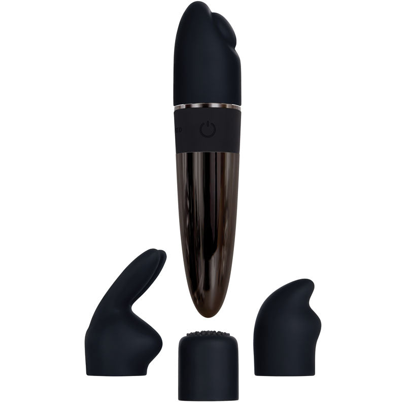 Evolved Tiny Treasures - Black Chrome USB Rechargeable Mini Massager with Attachable Heads-EN-RS-7860-2