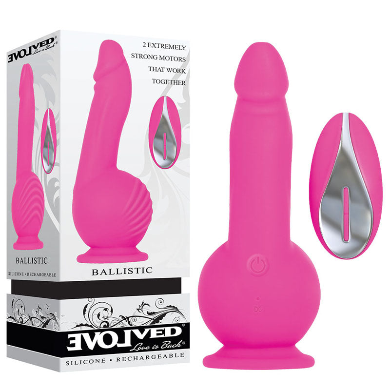 Evolved Ballistic - Pink 19 cm USB Rechargeable Vibrating Dong with Balls Motor & Remote-EN-RS-8010-2