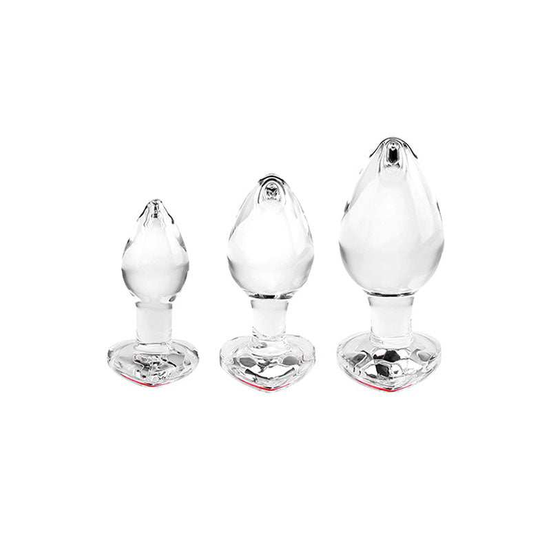 Adam & Eve RED HEART GEM GLASS PLUG SET - Clear Glass Butt Plugs - Set of 3 Sizes-G326 6000