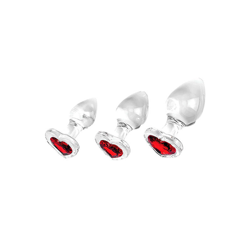 Adam & Eve RED HEART GEM GLASS PLUG SET - Clear Glass Butt Plugs - Set of 3 Sizes-G326 6000