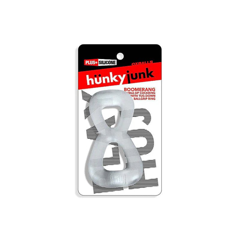 HUNKYJUNK BOOMERANG double-ring cockring & nut-tugger CLEAR STEAM-HUJ-155-CST