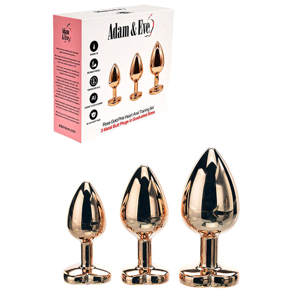Adam & Eve ROSE GOLD HEART GEM ANAL TRAINING SET - Rose Gold Metal Anal Plugs with Pink Gem Bases - Set of 3 Sizes-I481 3100