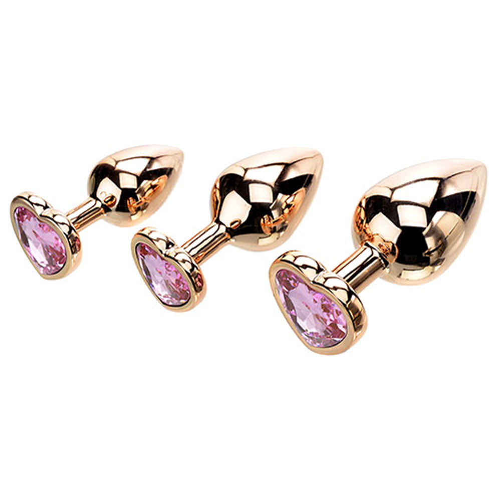 Adam & Eve ROSE GOLD HEART GEM ANAL TRAINING SET - Rose Gold Metal Anal Plugs with Pink Gem Bases - Set of 3 Sizes-I481 3100