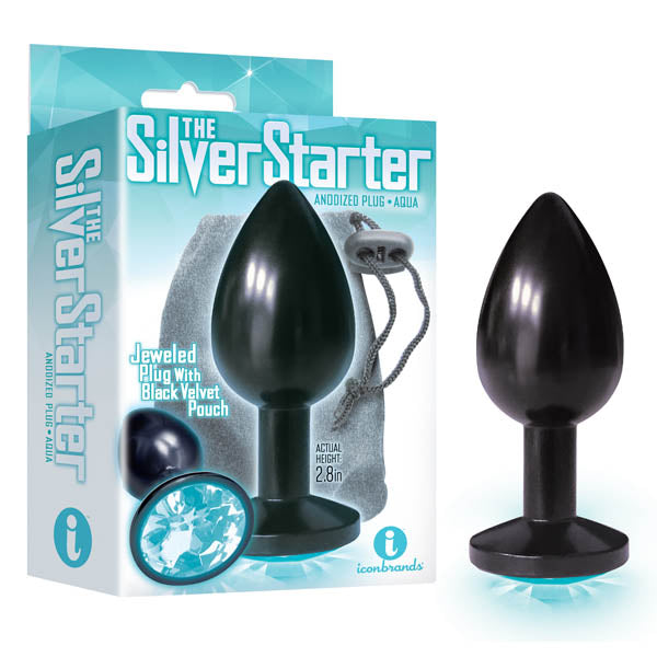 The Silver Starter - Anodised Black 7.1 cm (2.8) Butt Plug with Aqua Round Jewel-IC2614-2