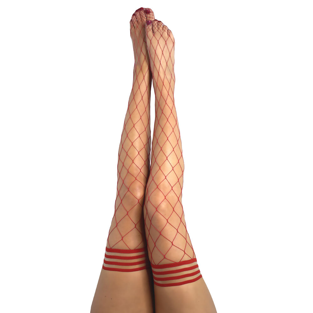 Kixies CLAUDIA Large Diamond Red Fishnet Thigh Highs - Red - Size B-KX1327B