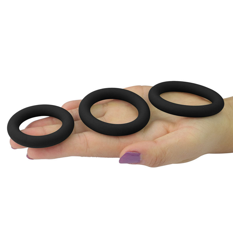 Power Plus Soft Silicone Snug Ring - Black Cock Rings - Set of 3 Sizes-LV443001B