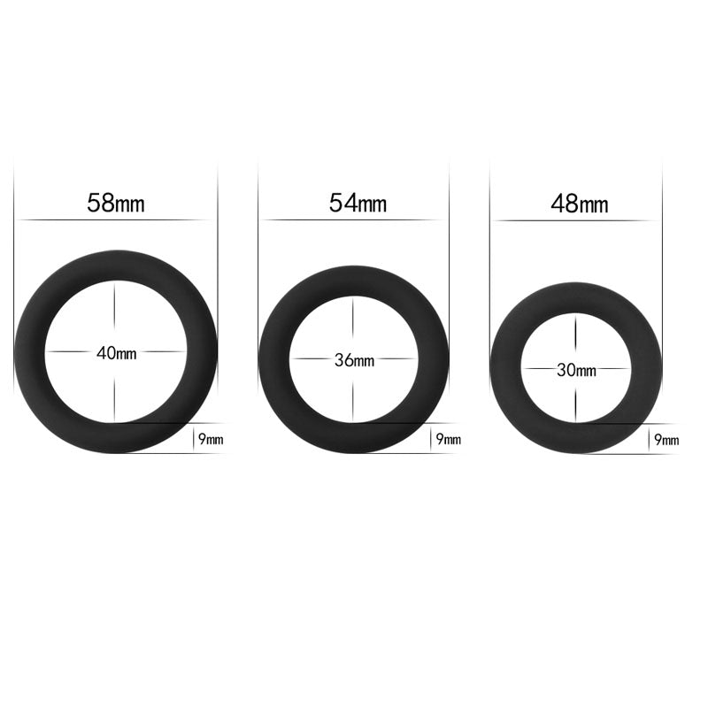 Power Plus Soft Silicone Snug Ring - Black Cock Rings - Set of 3 Sizes-LV443001B