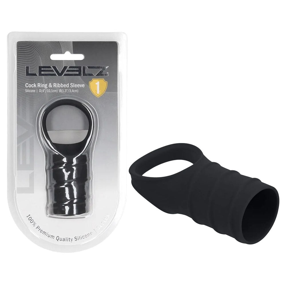 LEVELZ Silicone Cock Ring & Ribbed Sleeve - Black Cock Ring with Sleeve-LVL01-0045BLK