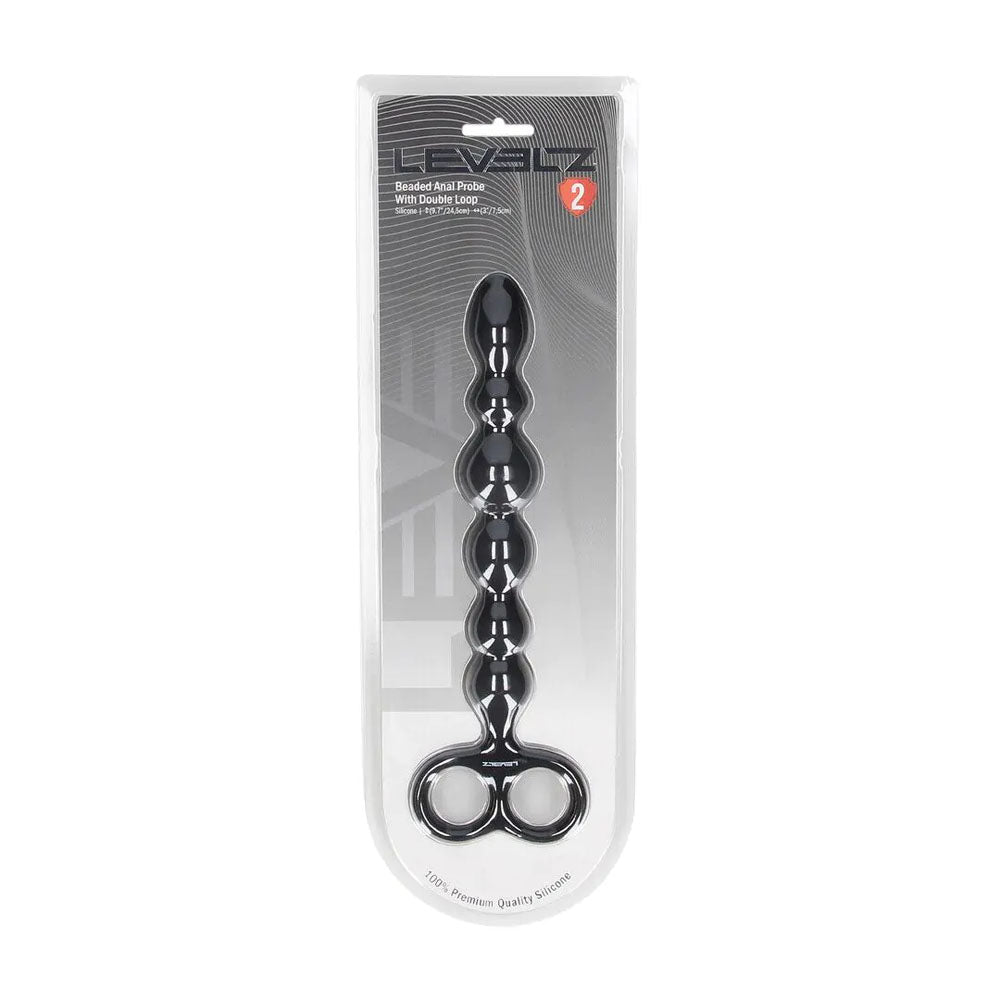 LEVELZ Beaded Silicone Anal Probe with Double Loop - Black 24.5 cm Anal Beads-LVL02-0031BLK