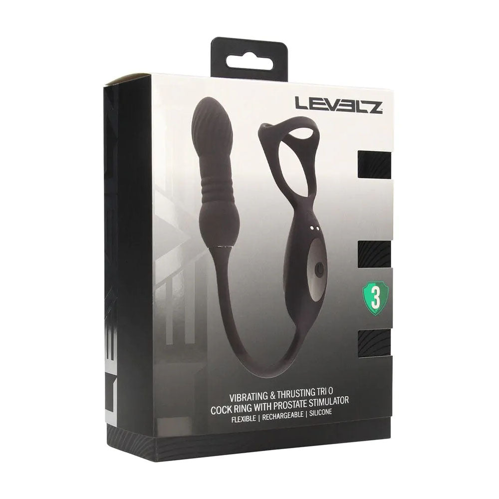 LEVELZ Vibrating & Thrusting TriO Cock Ring with Prostate Stimulator - Black USB Rechargeable Vibrating Cock Ring with Thrusting Prostate Plug-LVL03-0033BLK