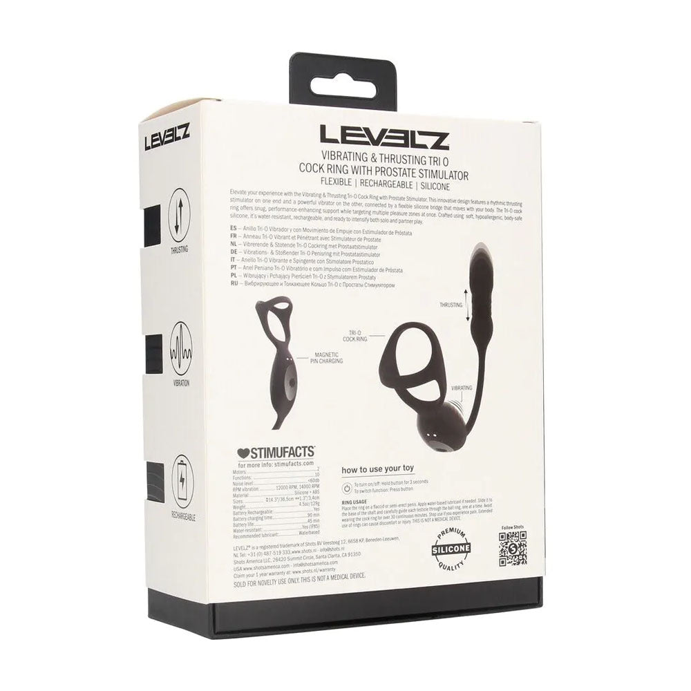 LEVELZ Vibrating & Thrusting TriO Cock Ring with Prostate Stimulator - Black USB Rechargeable Vibrating Cock Ring with Thrusting Prostate Plug-LVL03-0033BLK