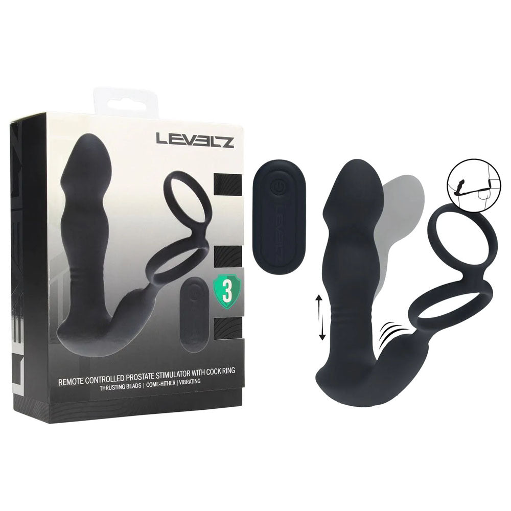LEVELZ Remote Controlled Prostate Stimulator with Cock Ring - Black USB Rechargeable Vibrating Thrusting Prostate Massager with Cock Ring-LVL03-0042BLK