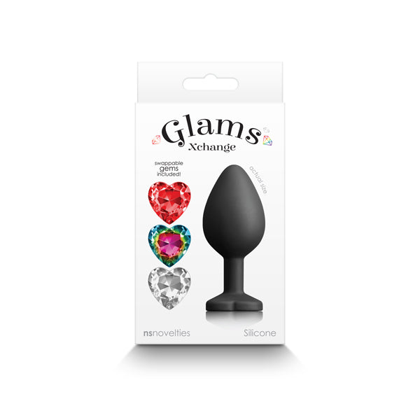 Glams Xchange Heart - Medium - Black Medium Butt Plug with Interchangeable Heart Gems-NSN-0514-13