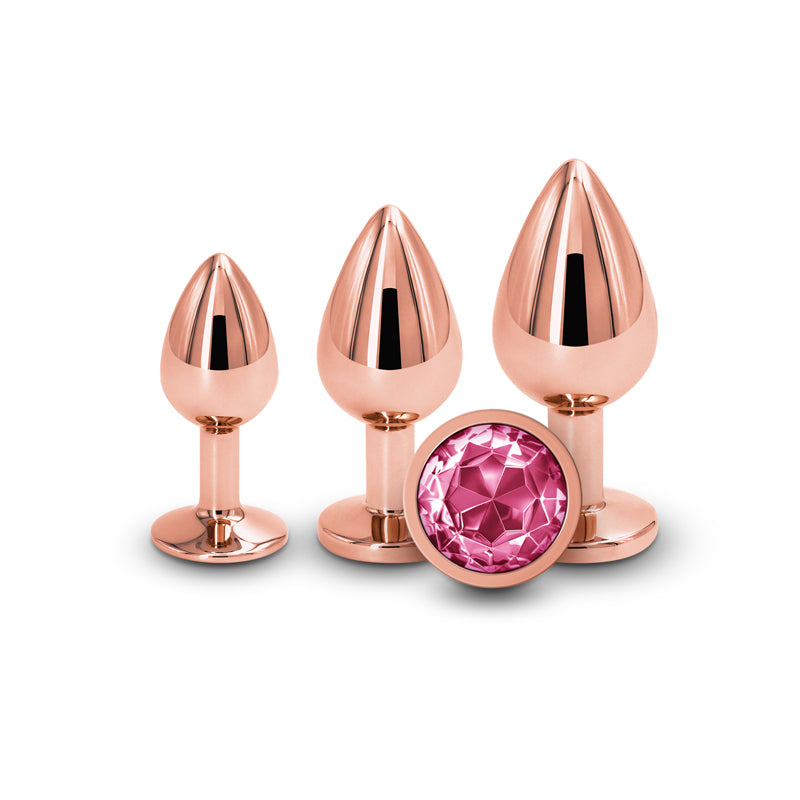 Rear Assets Trainer Kit - Rose Gold - Pink - Rose Gold Metallic Butt Plugs with Pink Gems - Set of 3 Sizes-NSN-0960-03