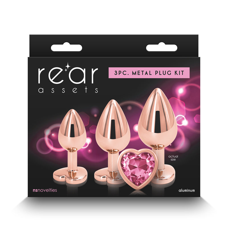 Rear Assets Trainer Kit - Rose Gold - Pink Heart - Rose Gold Metallic Butt Plugs with Pink Hearts - Set of 3 Sizes-NSN-0960-04