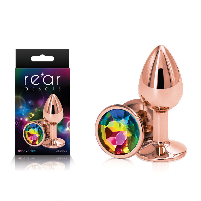 Rear Assets Rose Gold Small - Rose Gold Small Metal Butt Plug with Rainbow Gem Base-NSN-0961-19