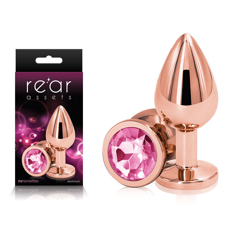 Rear Assets Rose Gold Medium - Rose Gold Medium Metal Butt Plug with Pink Gem Base-NSN-0961-24