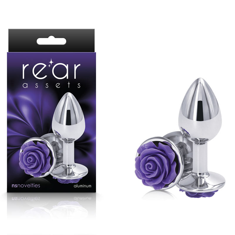 Rear Assets Rose - Small - Chrome 7.6 cm Metal Butt Plug with Purple Rose Base-NSN-0965-15