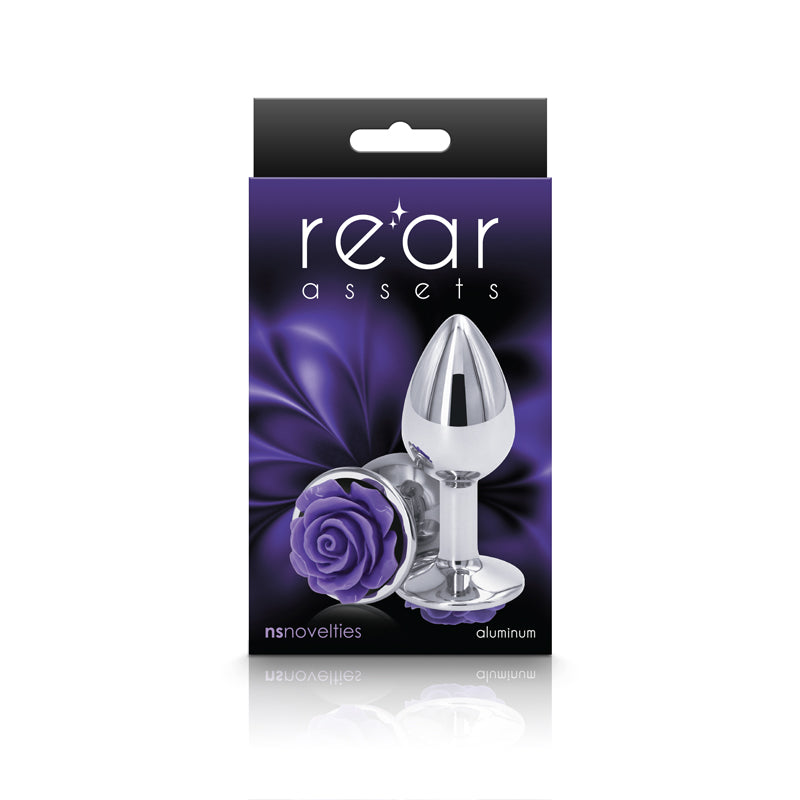 Rear Assets Rose - Small - Chrome 7.6 cm Metal Butt Plug with Purple Rose Base-NSN-0965-15