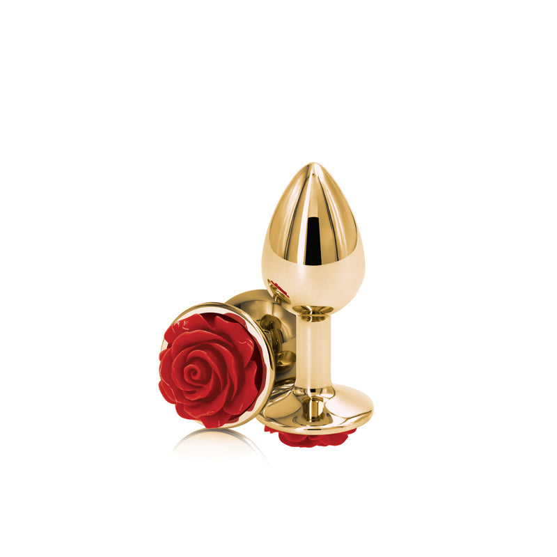 Rear Assets Rose - Small - Gold 7.6 cm Metal Butt Plug with Red Rose Base-NSN-0965-16