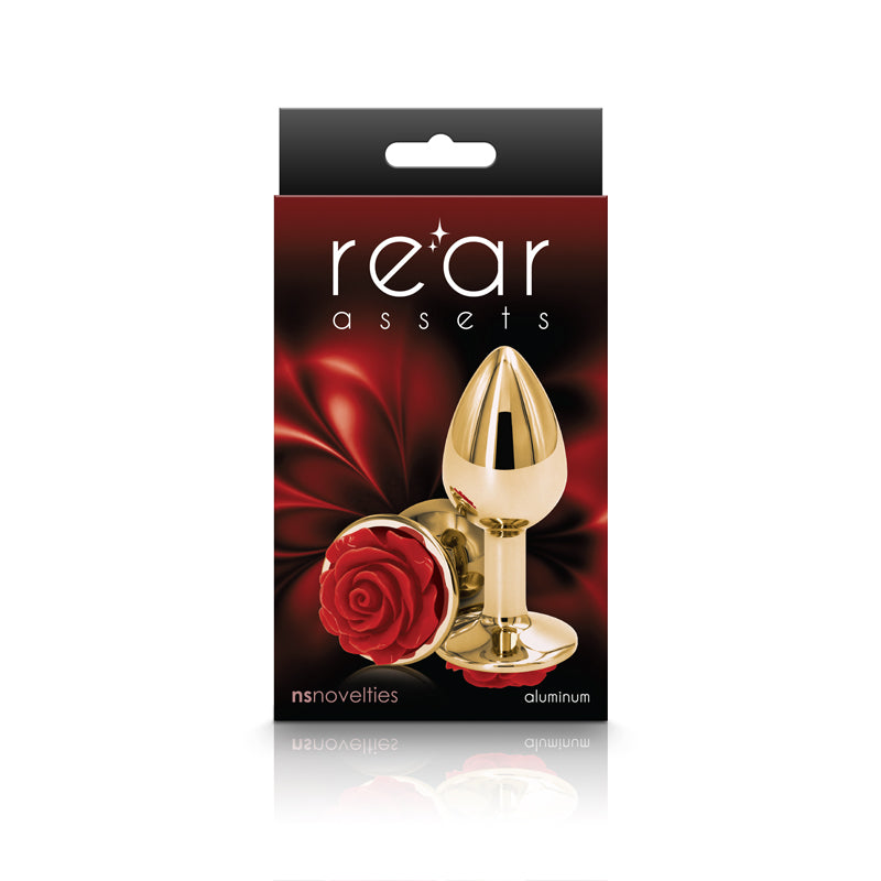 Rear Assets Rose - Small - Gold 7.6 cm Metal Butt Plug with Red Rose Base-NSN-0965-16