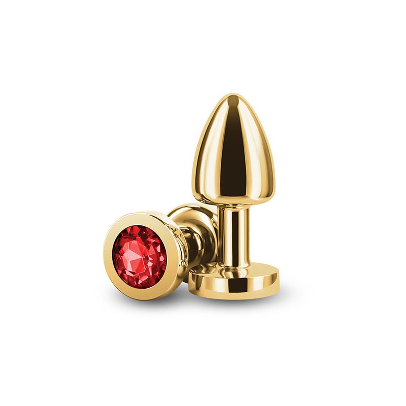 Rear Assets Petite - Gold with Red Gem - Gold 6 cm Metal Butt Plug with Red Round Gem Base-NSN-0966-11